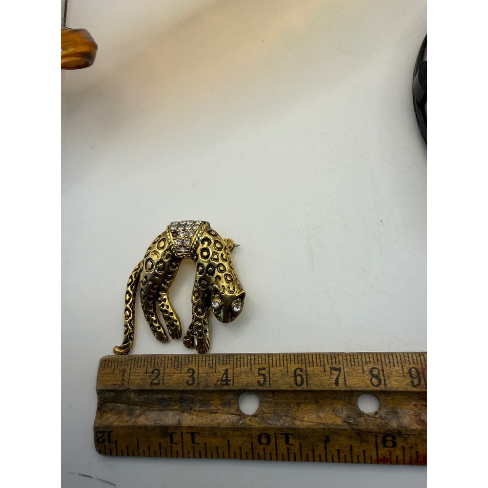 Vintage Gold Tone Rhinestone Leopard Brooch Arched Big Cat Spotted Cheetah Pin